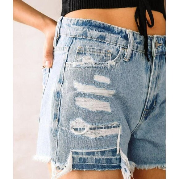Flying monkey Womens Destruct Denim High Rise Frayed Hem Shorts Size 25, 27 - Picture 1 of 12
